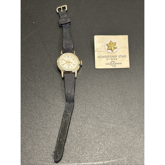 Vintage Timex Girls Scout Brownie Watch Black Leather Band Membership Star Lot - Picture 1 of 13